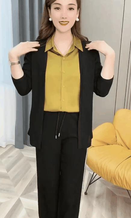 2022年新款秋裝拼接假兩件套開衫長袖拼接純色翻領氣質流行襯衫